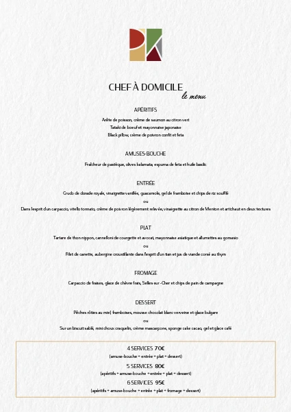 Menu de chef à domicile sur fond blanc